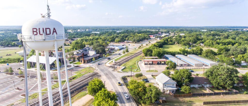 Aerial of Buda, Texas Main Street